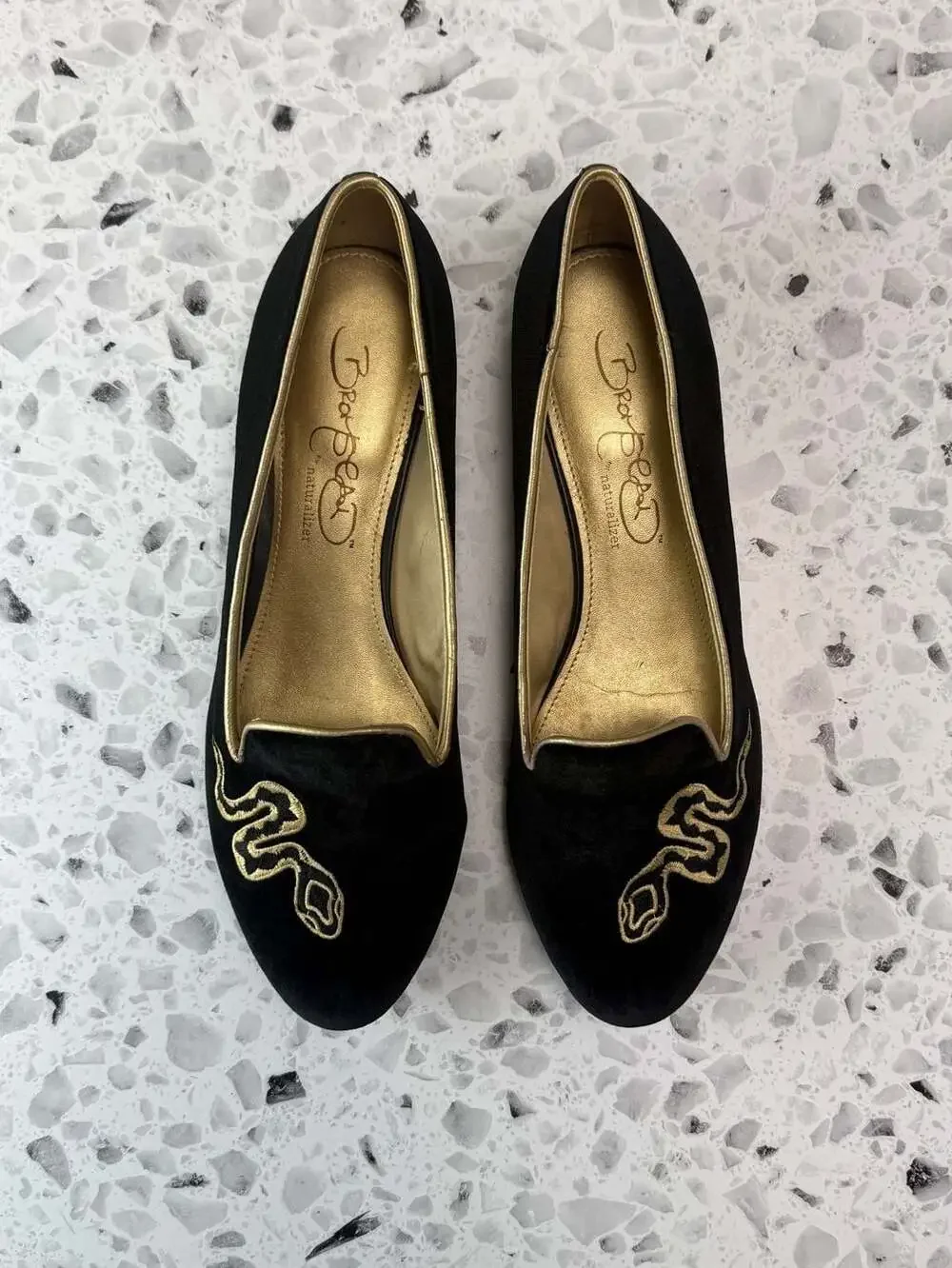 Bromstad Naturalizer Black Velvet Gold Embroidered Snake Loafers Flats Sz 10M